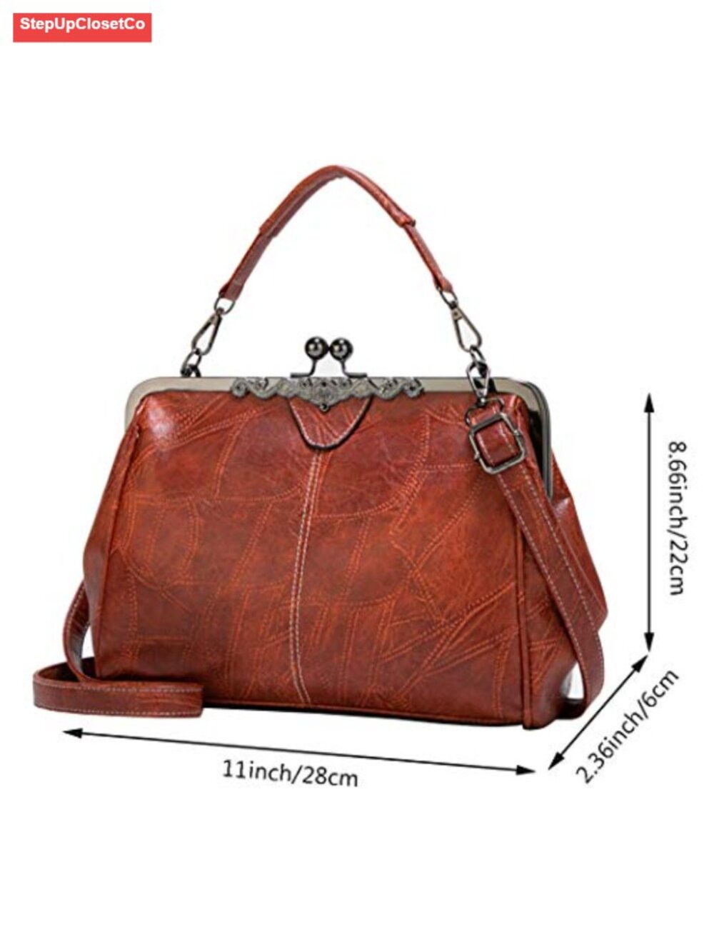 Women Retro Kiss Lock Handbag Satchel PU Leather Shoulder Crossbody Tote - Picture 2 of 6